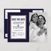 バラシンプル金ゴールドラインネイビーブルー日付を保存 案内ポストカード (正面/裏面)