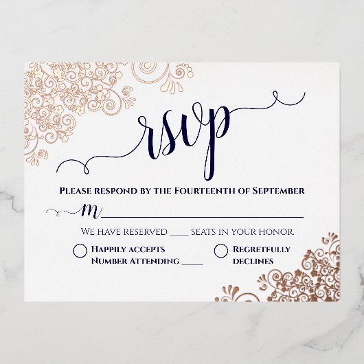 バラシンプル金ゴールド&ネイビーウェディングRSVP 箔招待状ポストカード (正面)