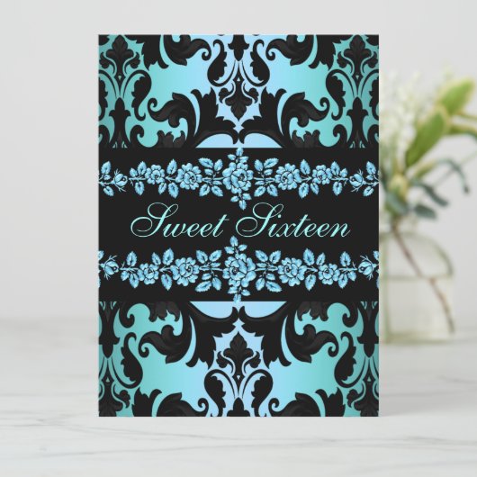 バラスウィート16ダマスクブルー誕生日招待状 招待状 (スタンド正面)