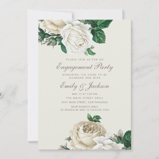 バラスエレガントホワイトフローラクリーム婚約 招待状 (正面)