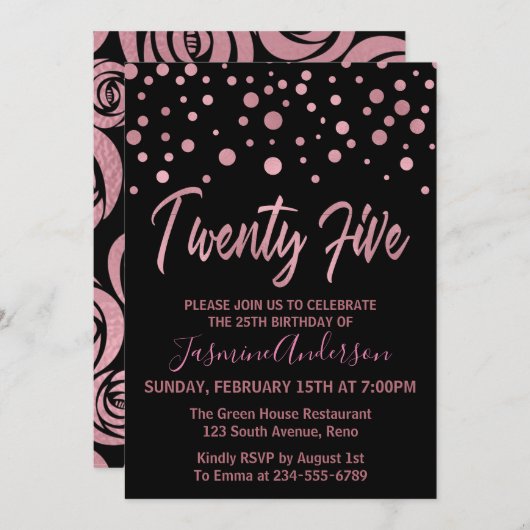 バラスタイリッシュ金ゴールドフェイクフォイル25th誕生日パーティー 招待状 (正面/裏面)