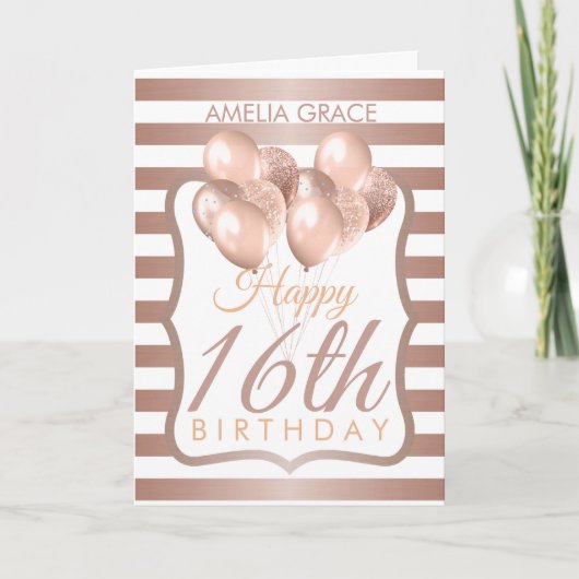 バラストライプの金ゴールドバルーン16番目の誕生日カード カード (正面)