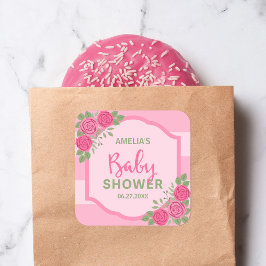 バラストライプピンクの女の子ベビーシャワー スクエアシール