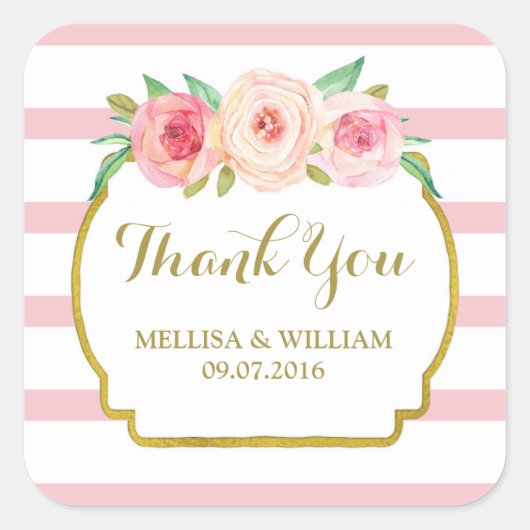 バラストライプ金ゴールドピンクフローラ結婚式の引き出物ラベル スクエアシール (正面)