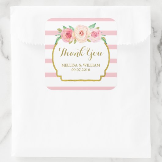 バラストライプ金ゴールドピンクフローラ結婚式の引き出物ラベル スクエアシール (バッグ)