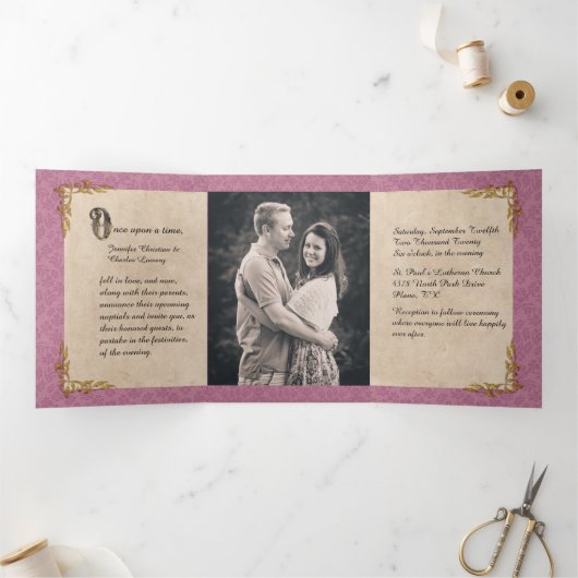 バラダマスクおとぎ結婚り話の写真 三つ折り招待状 (内部)