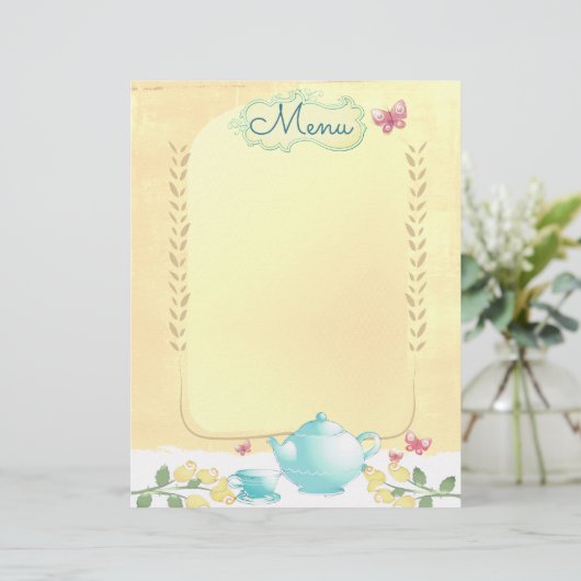 バラティーポットの粗末なシックな茶のパーティーメニューのレターヘッド (スタンド正面)