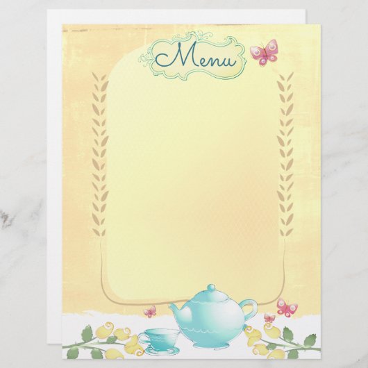 バラティーポットの粗末なシックな茶のパーティーメニューのレターヘッド (正面/裏面)
