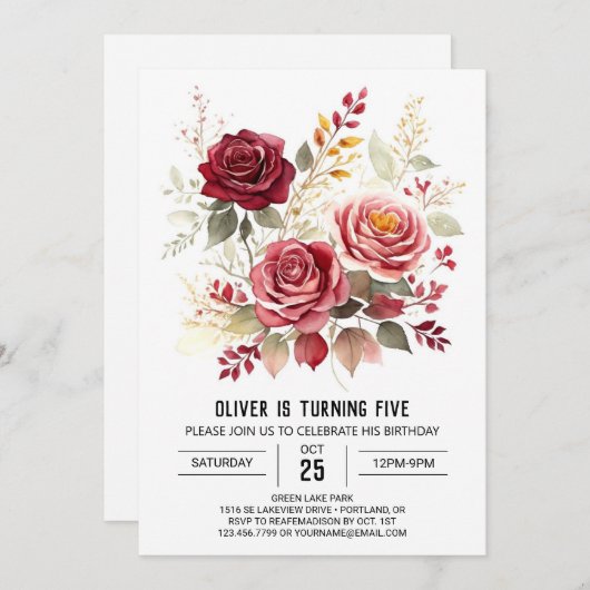 バラデジタルブルゴーニュフローラ誕生日 招待状 (正面/裏面)