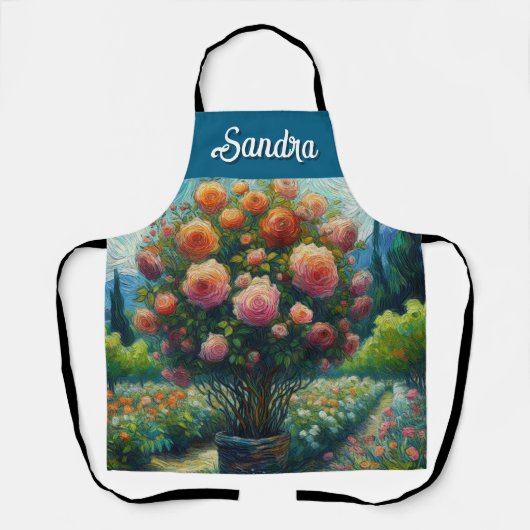 バラトピアリーバンゴッホスタイルバラフローラピンク エプロン (正面)