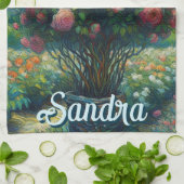 バラトピアリーバンゴッホスタイルバラフローラピンク キッチンタオル (折り畳み)