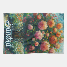 バラトピアリーバンゴッホスタイルバラフローラピンク キッチンタオル