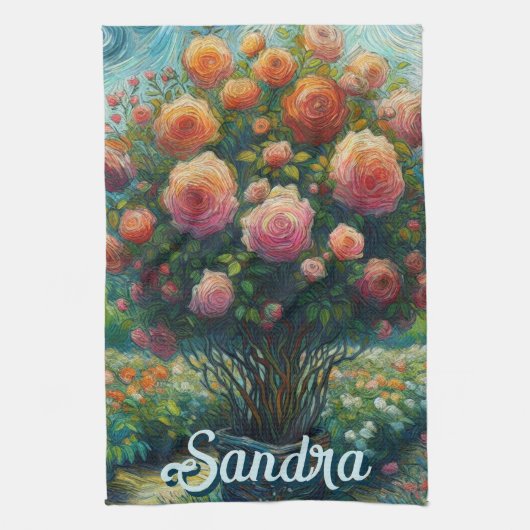 バラトピアリーバンゴッホスタイルバラフローラピンク キッチンタオル (縦)