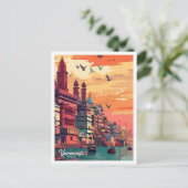 バラナシインドヴィンテージトラベルイラストレーション ポストカード (スタンド正面)