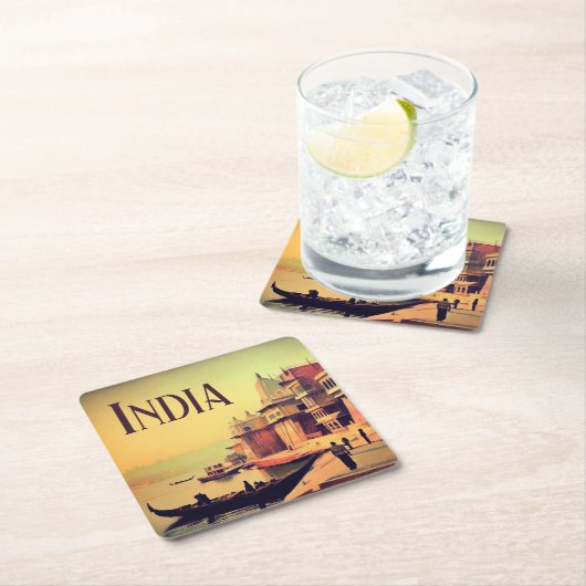 バラナシ・インディア絵画ヴィンテージ スクエアペーパーコースター (インサイチュ)