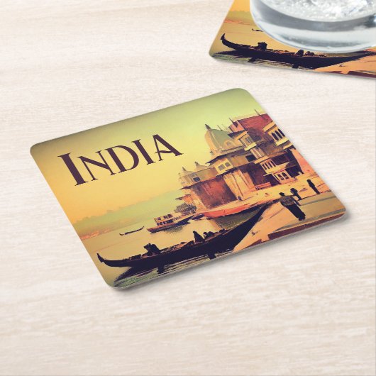バラナシ・インディア絵画ヴィンテージ スクエアペーパーコースター (アングル)