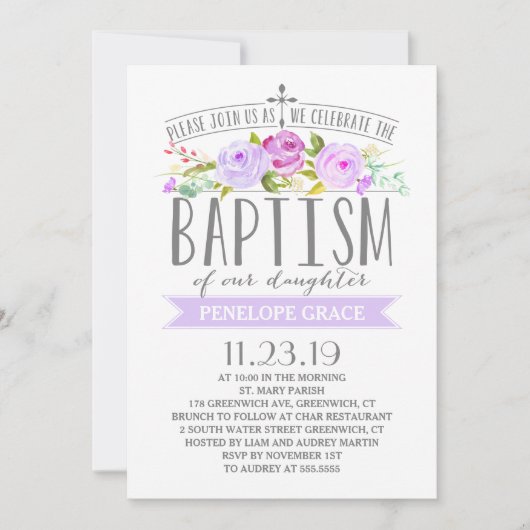 バラバナー | ガールバプテスマ招待状 | パープル 招待状 (正面)