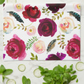 バラパターンフローラフラワーズボホブルゴーニュ キッチンタオル (折り畳み)