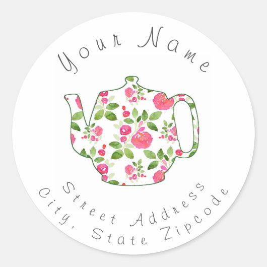 'バラパターン水色ティーポット'ラベル ラウンドシール (正面)
