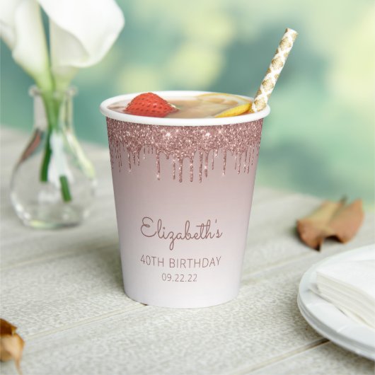 バラパーソナライズされた金ゴールドグリッタードリップ40th誕生日 紙コップ (インサイチュ)