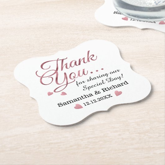 バラパーソナライズされた金ゴールドサンキュー結婚式の引き出物 ペーパーコースター (アングル)