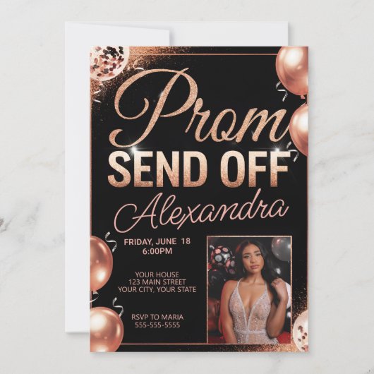 バラパーソナライズされた金ゴールドプロム送信オフDIY写真 招待状 (正面)