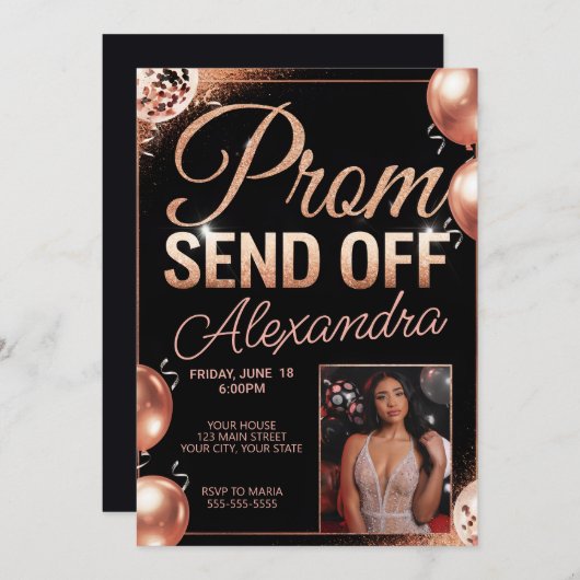 バラパーソナライズされた金ゴールドプロム送信オフDIY写真 招待状 (正面/裏面)