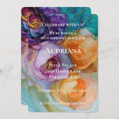 バラパープルピンクピーチイエローフローラ誕生日 招待状 (正面/裏面)