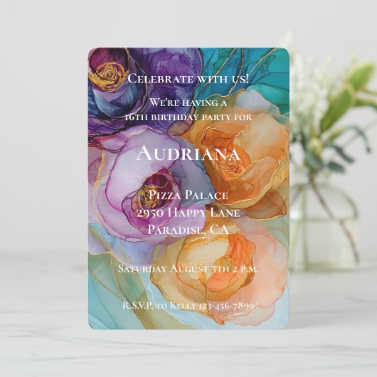 バラパープルピンクピーチイエローフローラ誕生日 招待状 (スタンド正面)