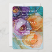 バラパープルピンクピーチイエローフローラ誕生日 招待状 (正面)