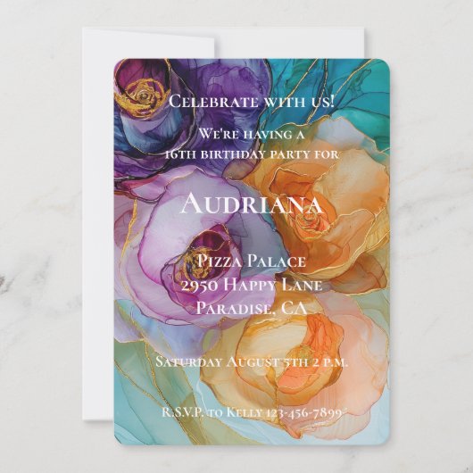 バラパープルピンクピーチイエローフローラ誕生日 招待状 (正面)