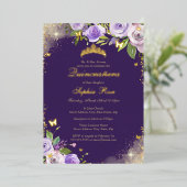 バラパープル金ゴールドバタフライフローラキンセアニェラ 箔招待状 (立ち正面)
