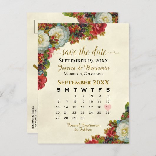 バラビクトリアンウェディング日付カレンダーを保存 案内ポストカード (正面/裏面)