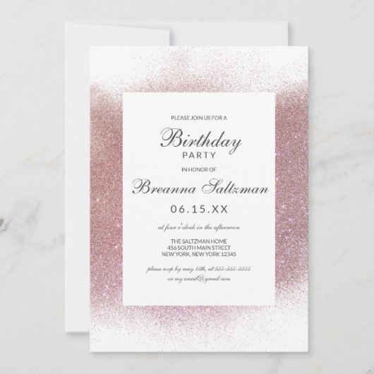 バラピンガーリークホワイトグリッターダスト縁ど誕生日 招待状 (正面)
