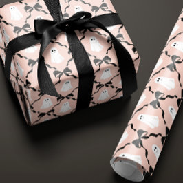 バラピンクかわいい幽霊と黒い弓ハロウィーン ラッピングペーパー