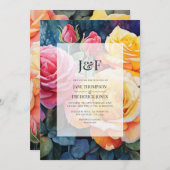 バラピンクと黄フローラ結婚モノグラム 招待状 (正面/裏面)