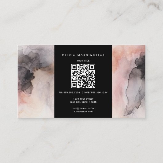 バラピンクと黒のソフトウォーター色QRと写真 名刺 (裏面)