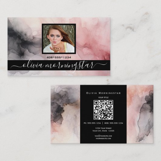 バラピンクと黒のソフトウォーター色QRと写真 名刺 (正面/裏面)