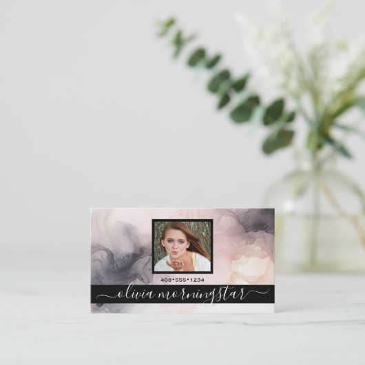 バラピンクと黒のマーリーインクQRと写真 名刺 (スタンド正面)