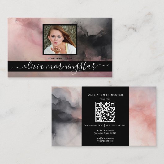 バラピンクと黒の濃色流体インクQRと写真 名刺 (正面/裏面)