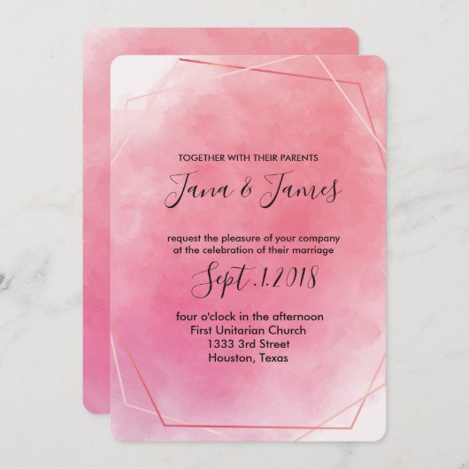 バラピンクのフレーム水の結婚色 招待状 (正面/裏面)