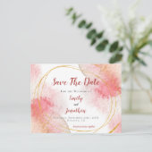 バラピンクの水色の金ゴールドライン日付の保存 ポストカード (スタンド正面)