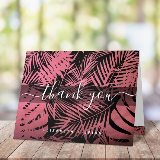 バラピンクの熱帯のヤシの葉のパターンのスクリプト名 サンキューカード