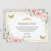 バラピンクの花とセージグリーンの蝶のキンバト・クイーンズ15歳誕生日 サンキューカード (正面/裏面)