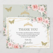 バラピンクの花とセージグリーンの蝶のキンバト・フィエスタ サンキューカード (正面/裏面)