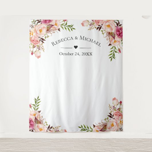 バラピンクの花のウェディングフォトブースの背景 タペストリー (正面)