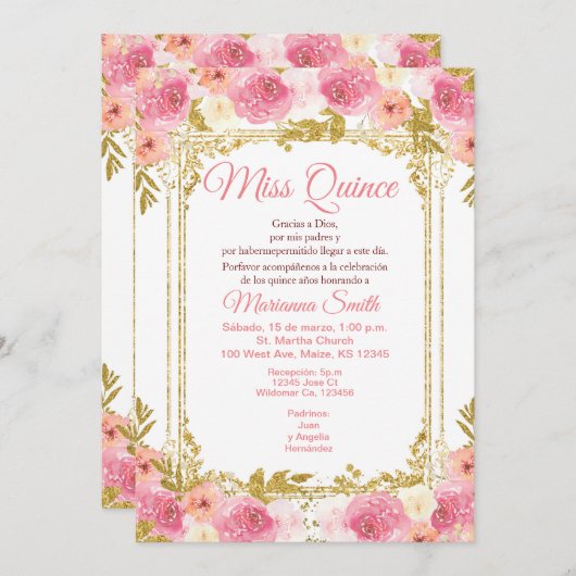 バラピンクの花模様の水彩 メキシコのミス・キンセア 招待状 (正面/裏面)