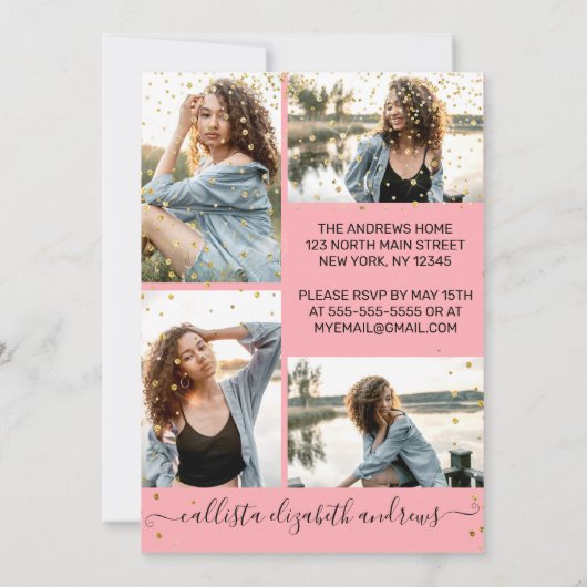 バラピンクの金ゴールド紙吹雪写真部卒業 招待状 (裏面)