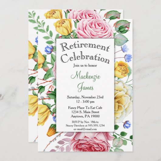 バラピンクイエローフローラ退職招待状 招待状 (正面/裏面)