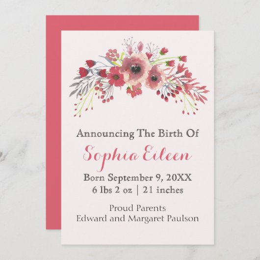 バラピンクウォーターカラーベビーガール誕生のお知らせ 案内状 (正面/裏面)